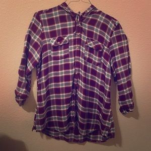 Plaid quarter sleeve hooded top